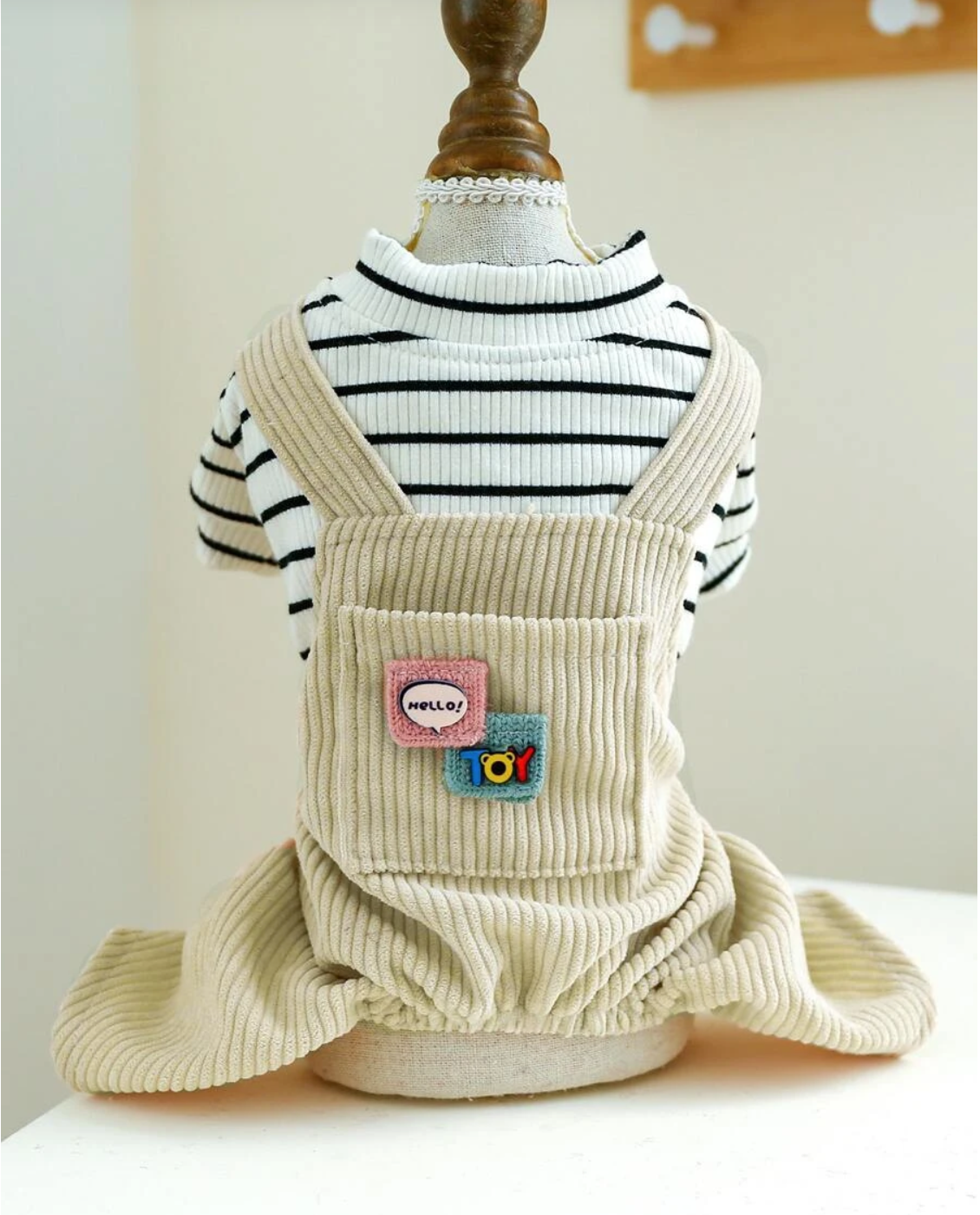 Pet Striped Ribbed T-Shirt and Cord  Dungaree Outfit for Dogs and Cats