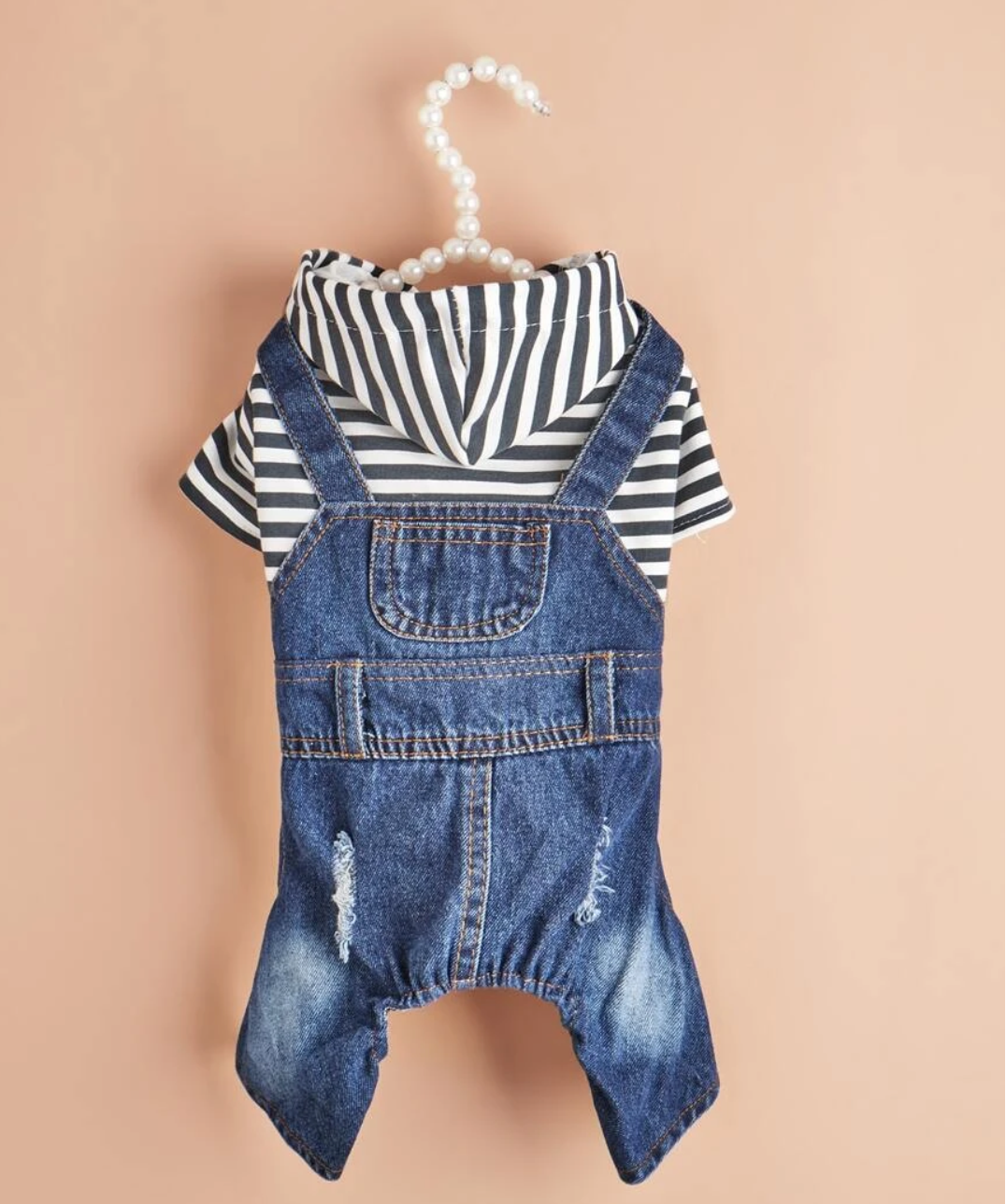 Pet Striped T Shirt and Denim Jeans Dungaree Outfit for Dogs and Cats