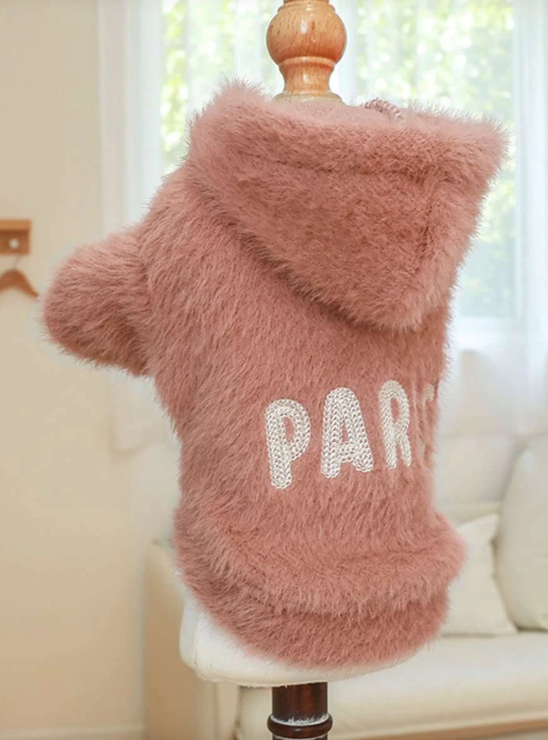 Pink Paris logo embroidered super soft fur dog hoodie