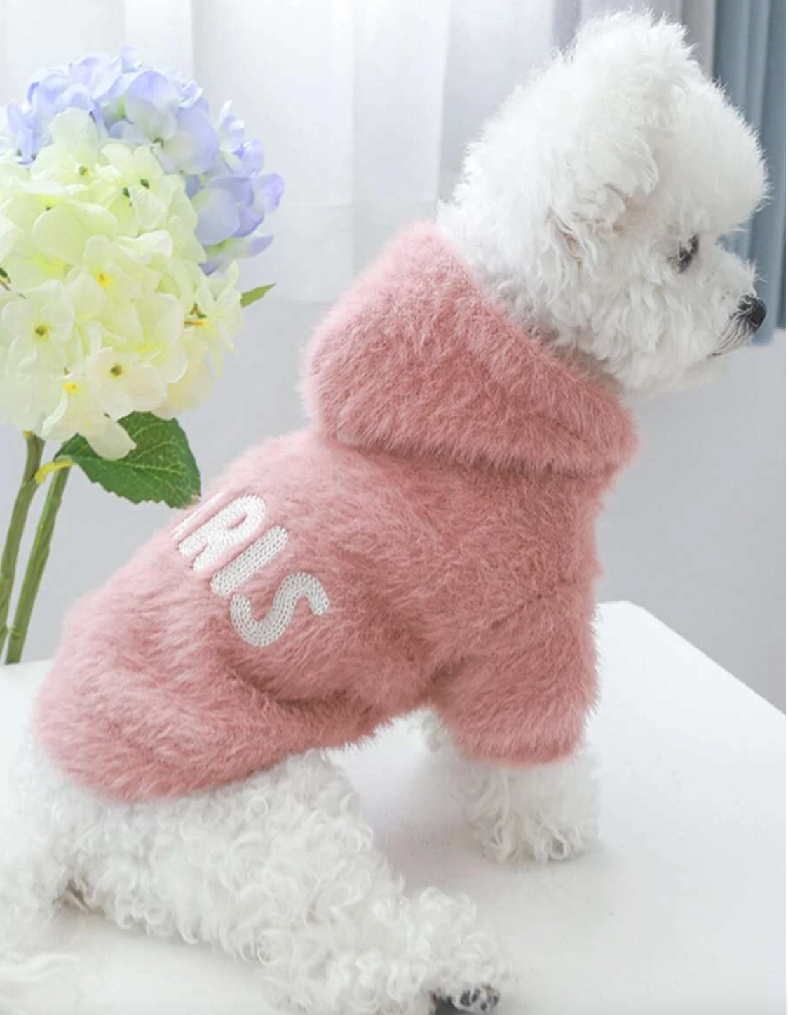 Pink Paris logo embroidered super soft fur dog hoodie