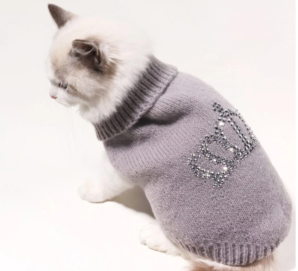 Grey knitted diamonte embellished pet jumper for dogs and cats