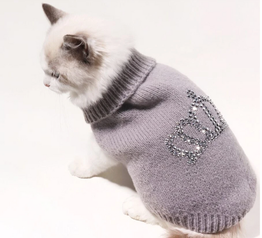 Grey knitted diamonte embellished pet jumper for dogs and cats