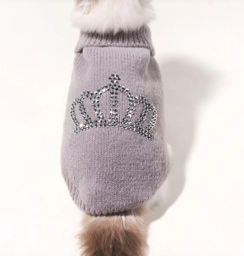 Grey knitted diamonte embellished pet jumper for dogs and cats